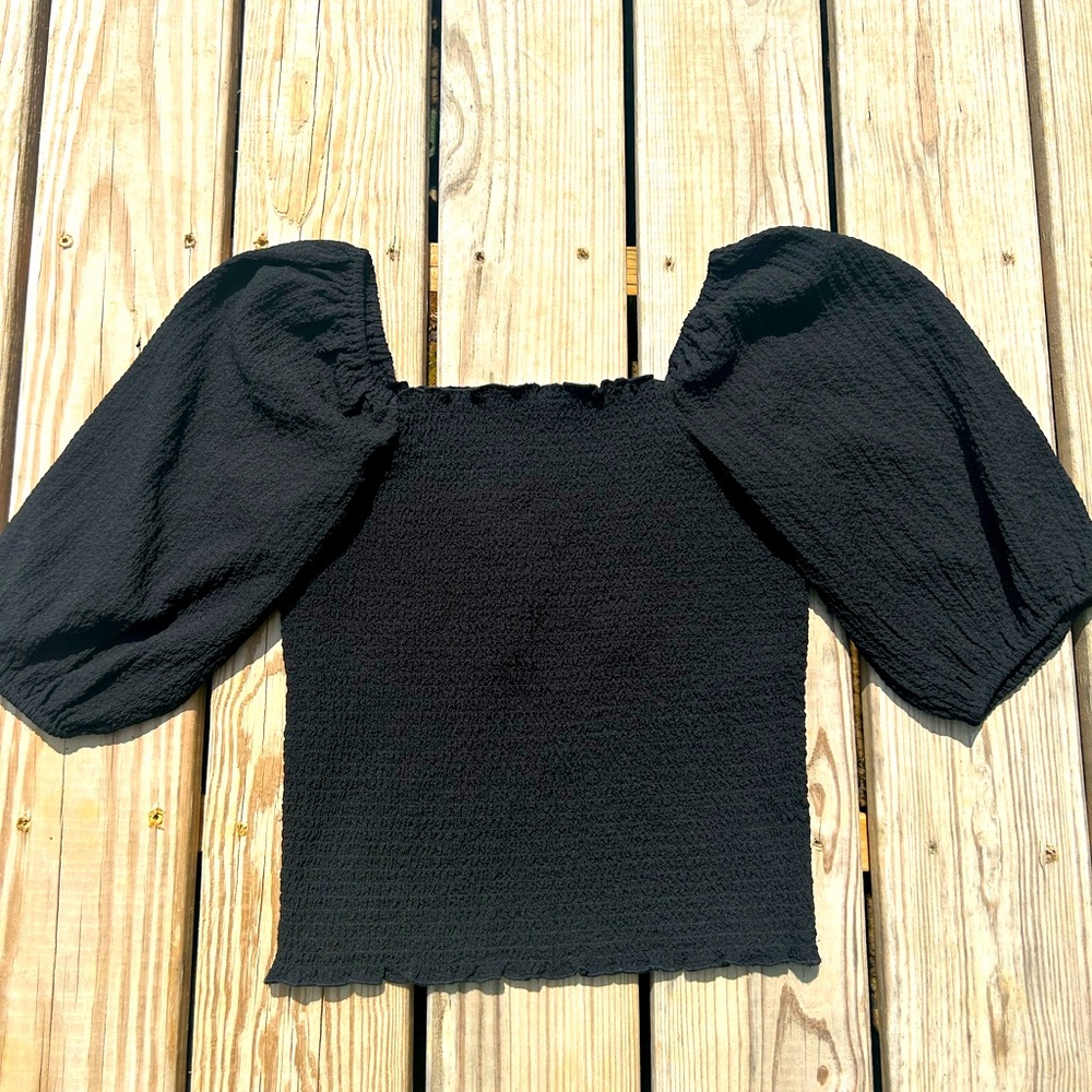 INC Smocked Black Cropped‎ Top Womens Short Puff Sleeve Size Large Boho Hippie